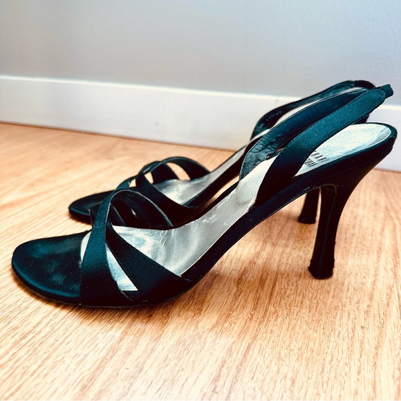 Stuart Weitzman Black Satin Open Toe Slingback Heels Size 7.5 - Picture 2 of 9